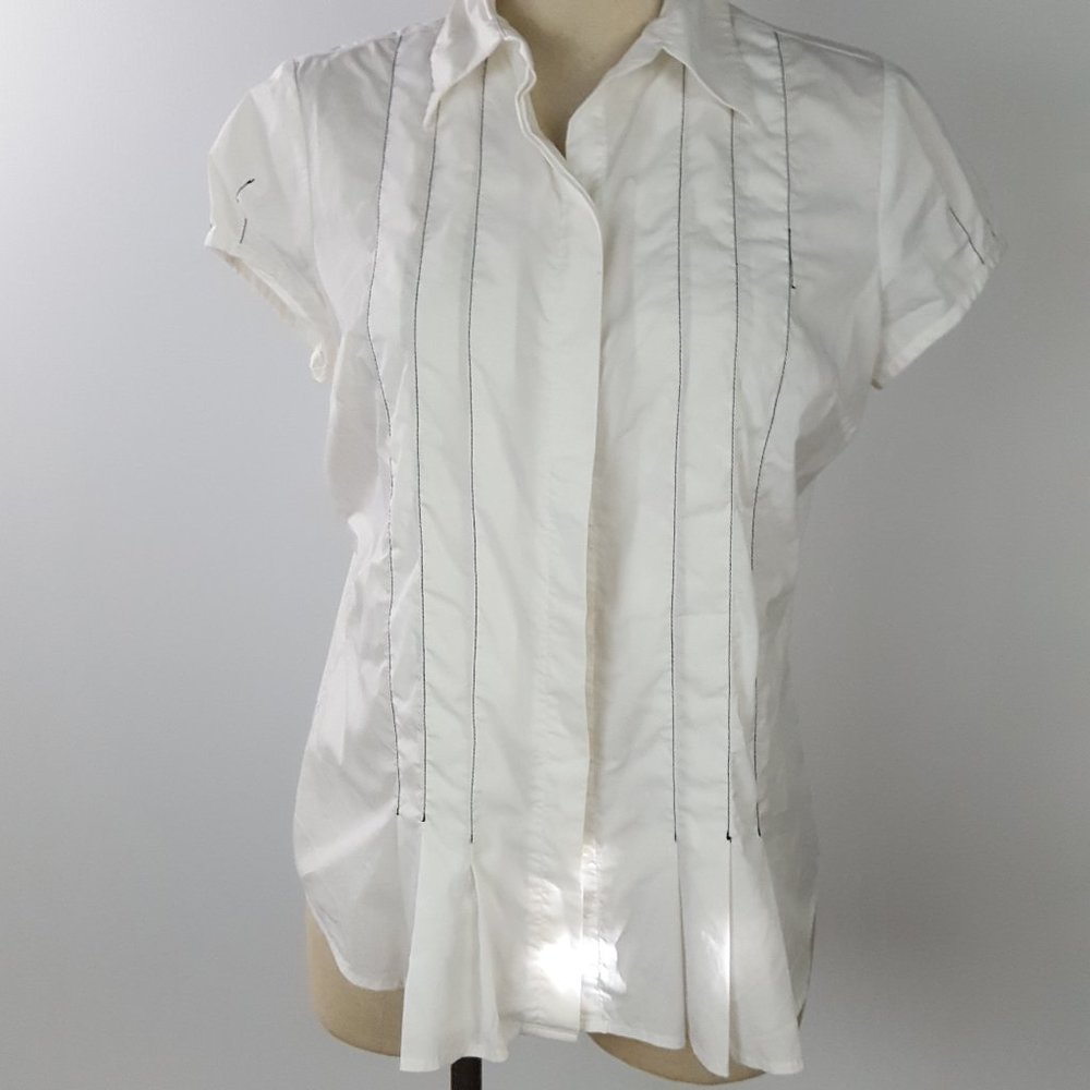 Antilia Femme Women size L Blouse Buttons Down Collared Pleated Stretch